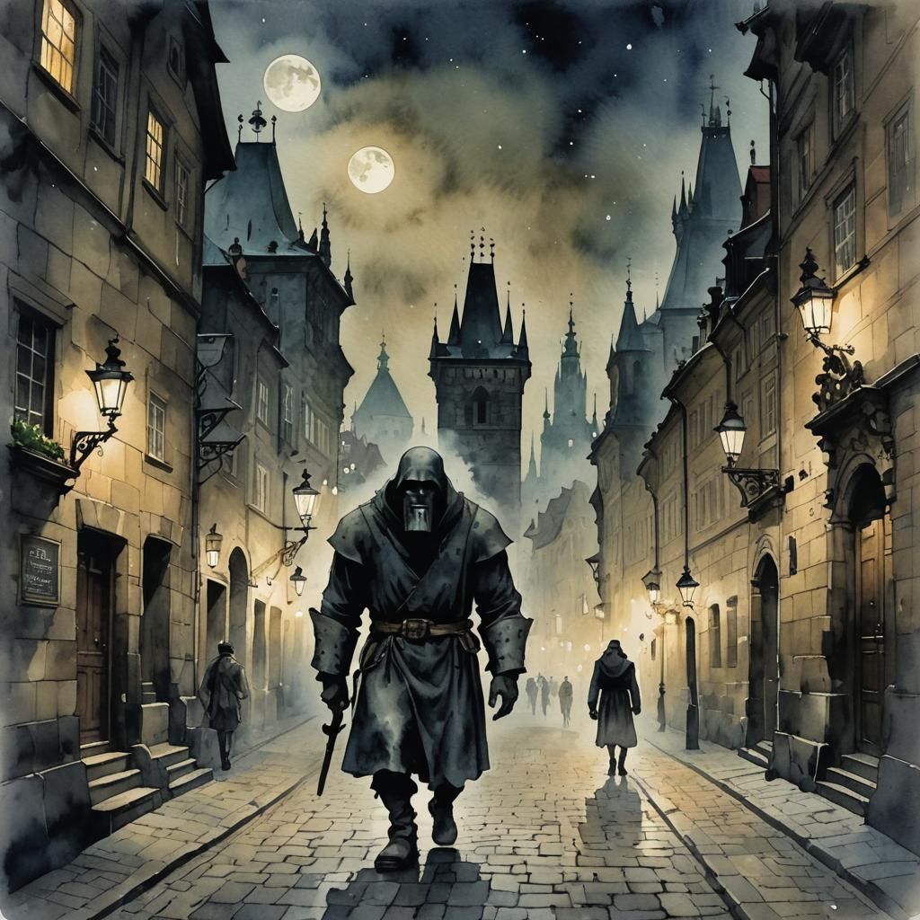 The Golem walking through the streets of Prague