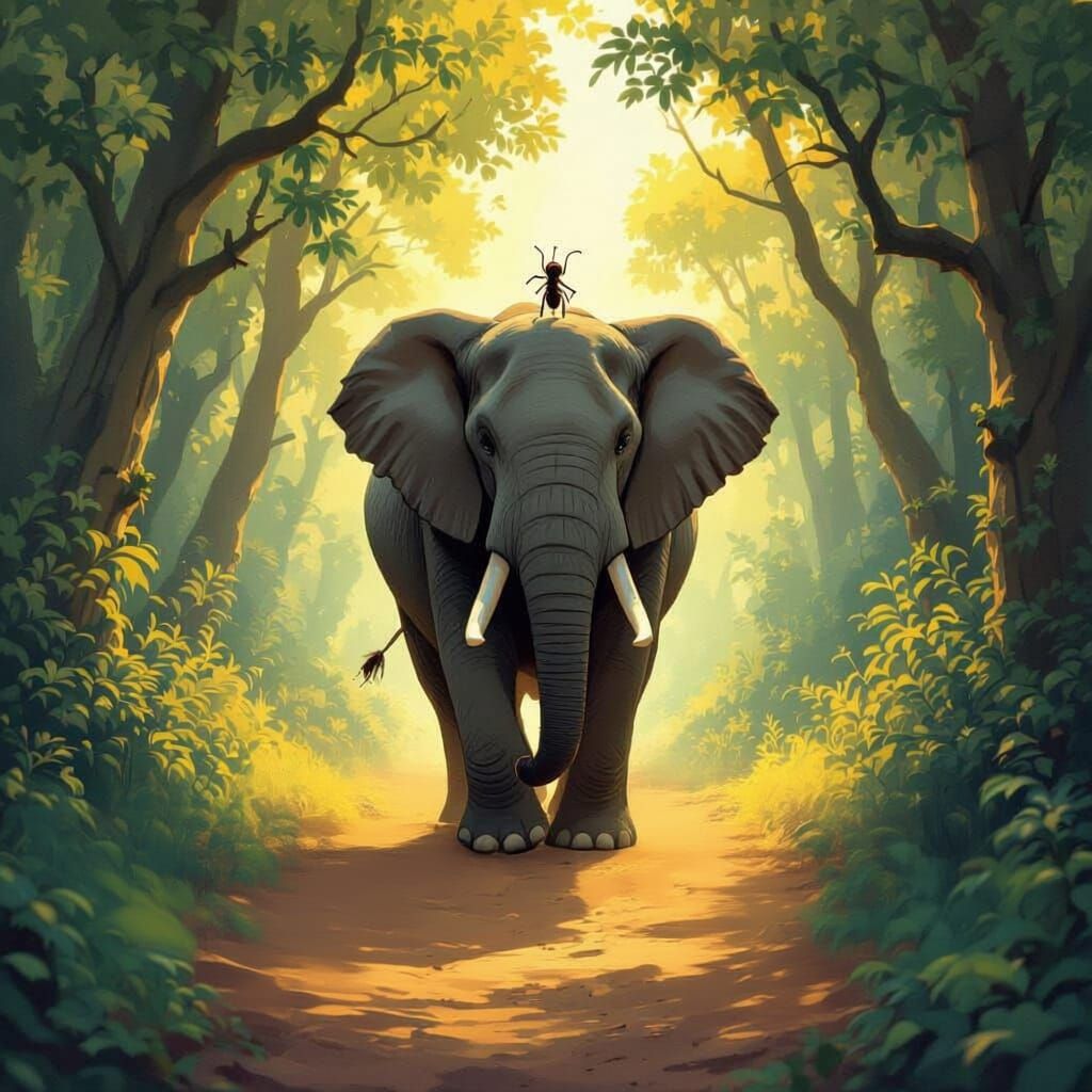 Elephant Forest Scene With Cheering Ants