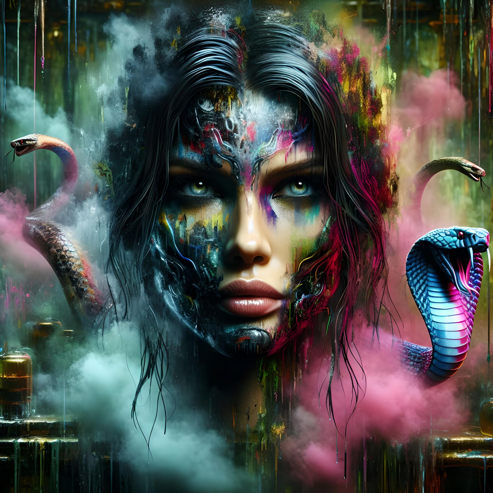 Double Exposure: Cobra and Actress in Metallic Neon