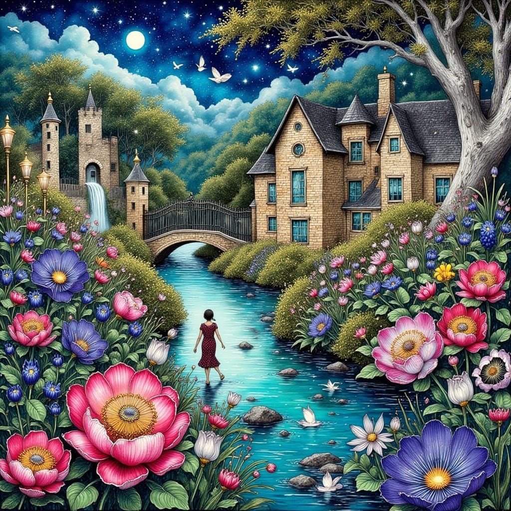 Moonlit English Garden Wonderland in Gothic Castle Style