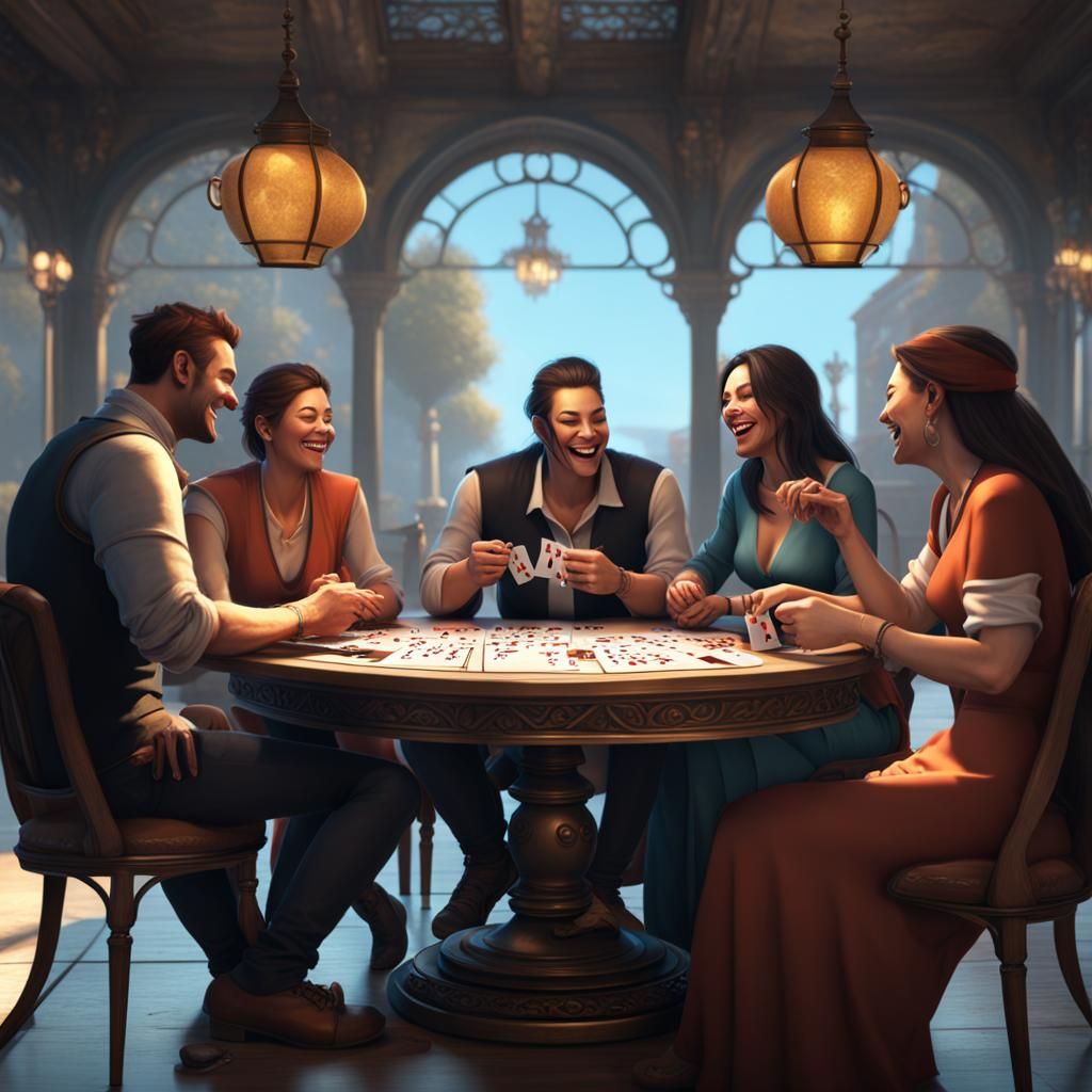 Friends Laughing Together Playing Cards in 3D