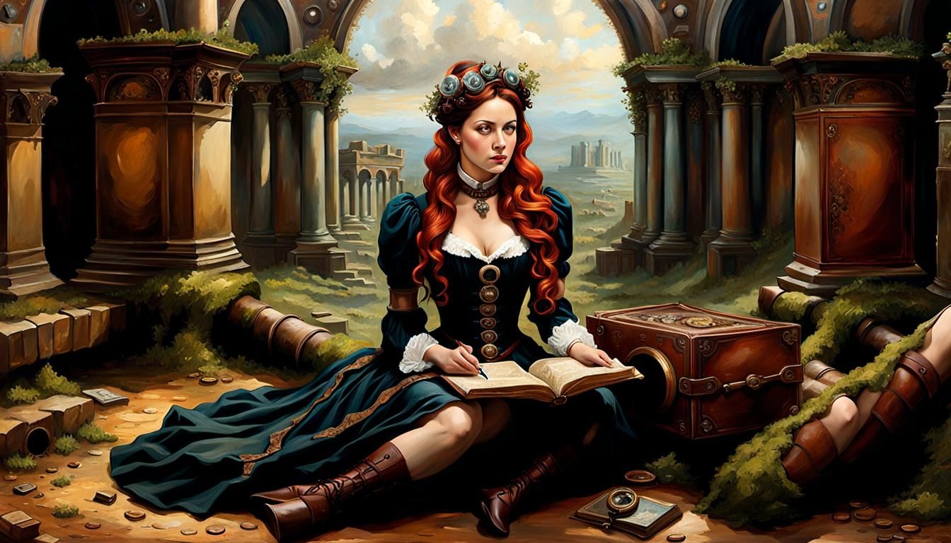 Steampunk Victorian Lady in Roman Ruins as Oil Painting