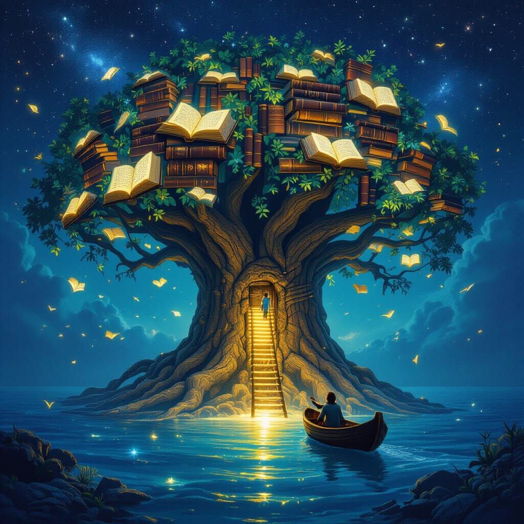 Surreal Library Tree Rising from Starry Ocean