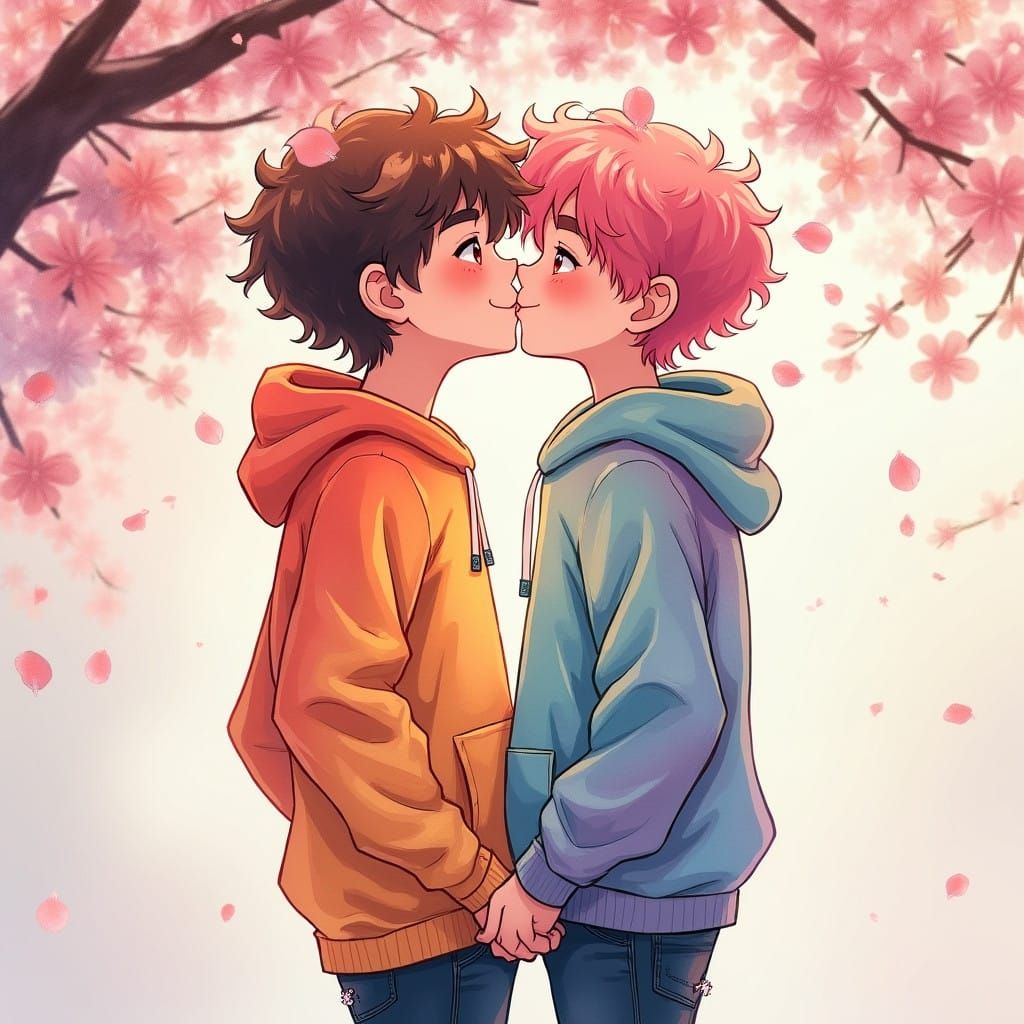 Two Teenage Boys Share a Tender Kiss Under Blooming Cherry B...