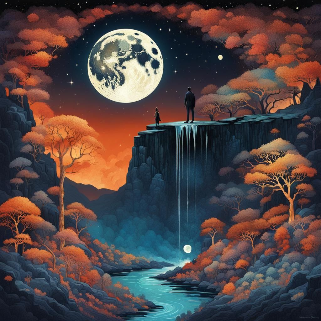 Moon Above Waterfall