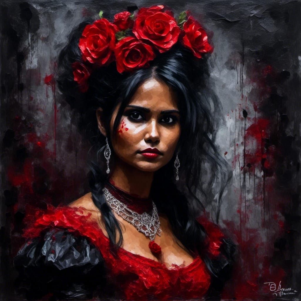 Gothic Lady in Red and Black, Macabre Portrait