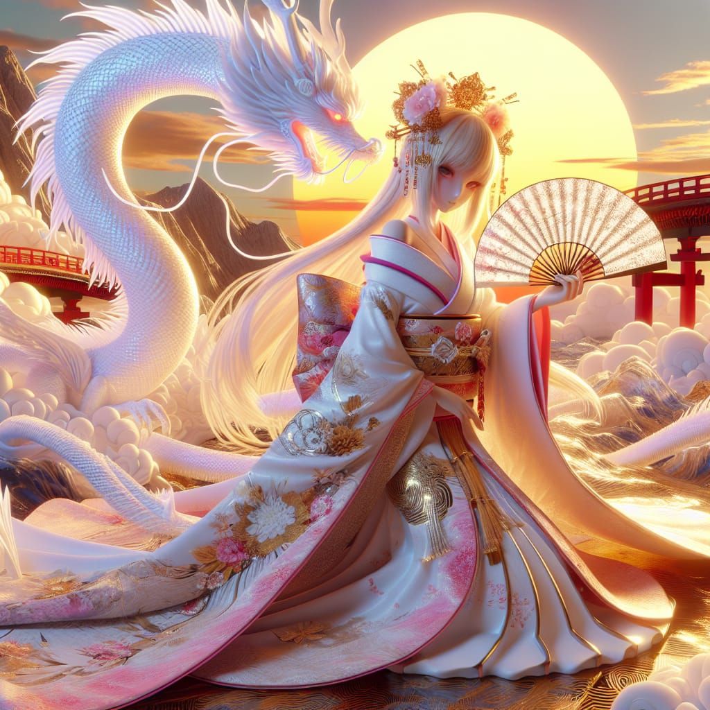 Vaporwave Japanese Princess with Dragon in 3D