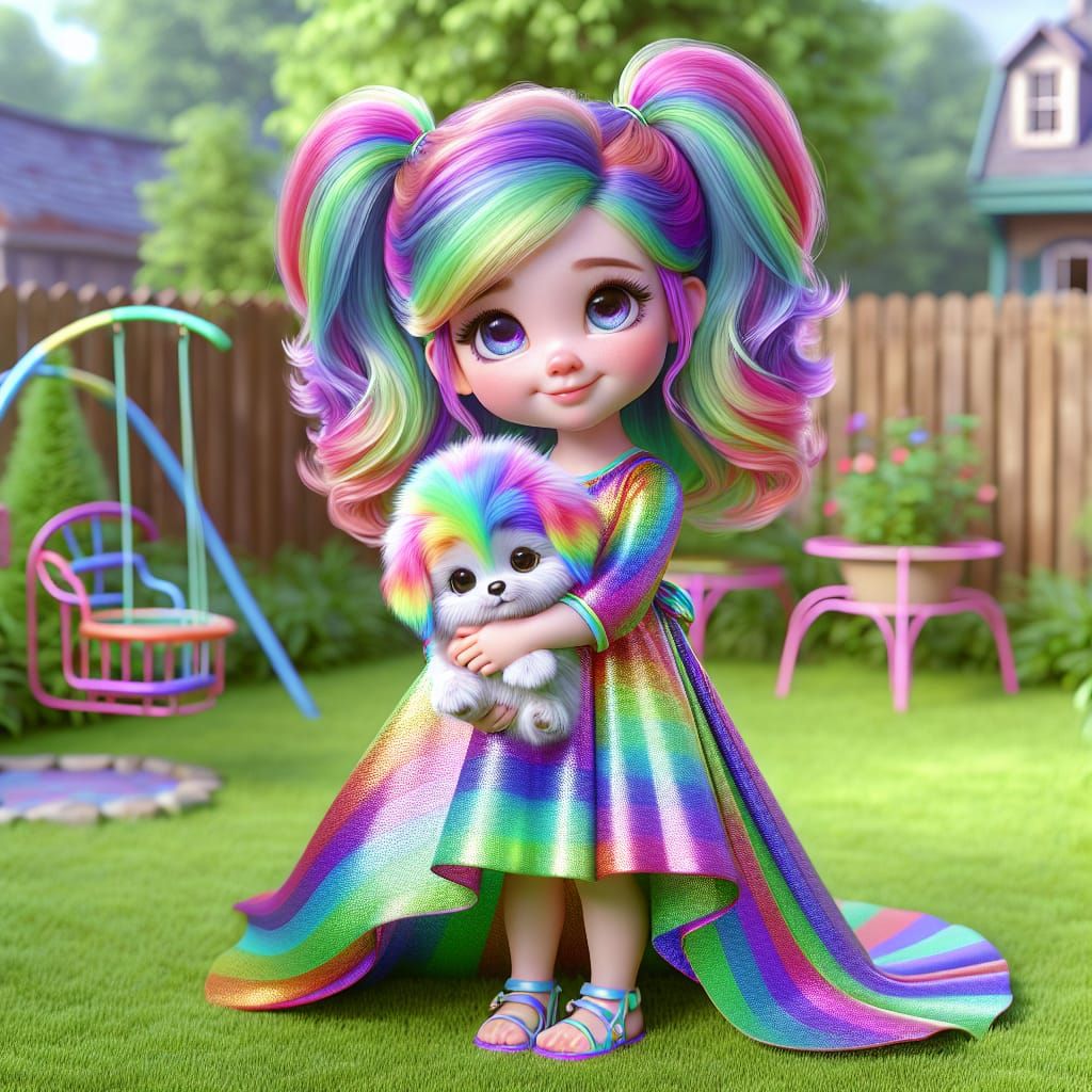 Disney Pixar style 3D adorable little girl, rainbow hair in pony tails, wearing an iridescent dress with rainbow design,...