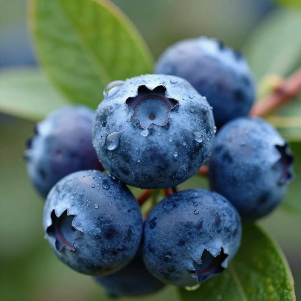 Photorealistic Blueberries with Dew Drops in Macro View