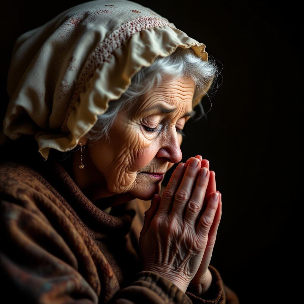 Elderly Woman in Prayer: A Gritty Realism Portrait