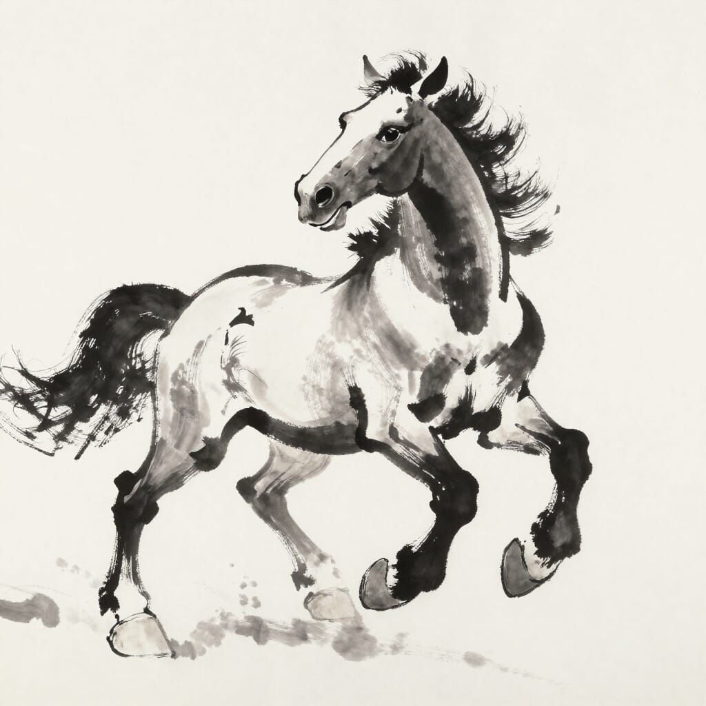Chinese Style Ink Sketch of a Galloping Horse