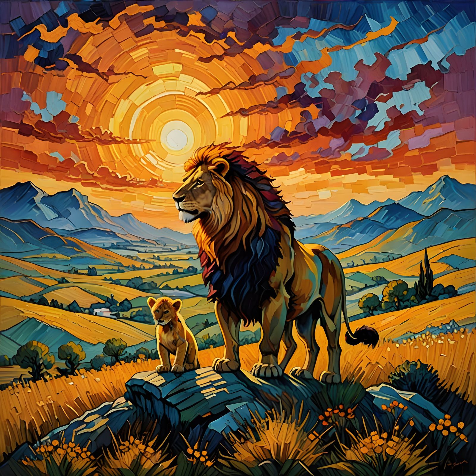 Lion and Cub Sunset: A Van Gogh-Style Painting