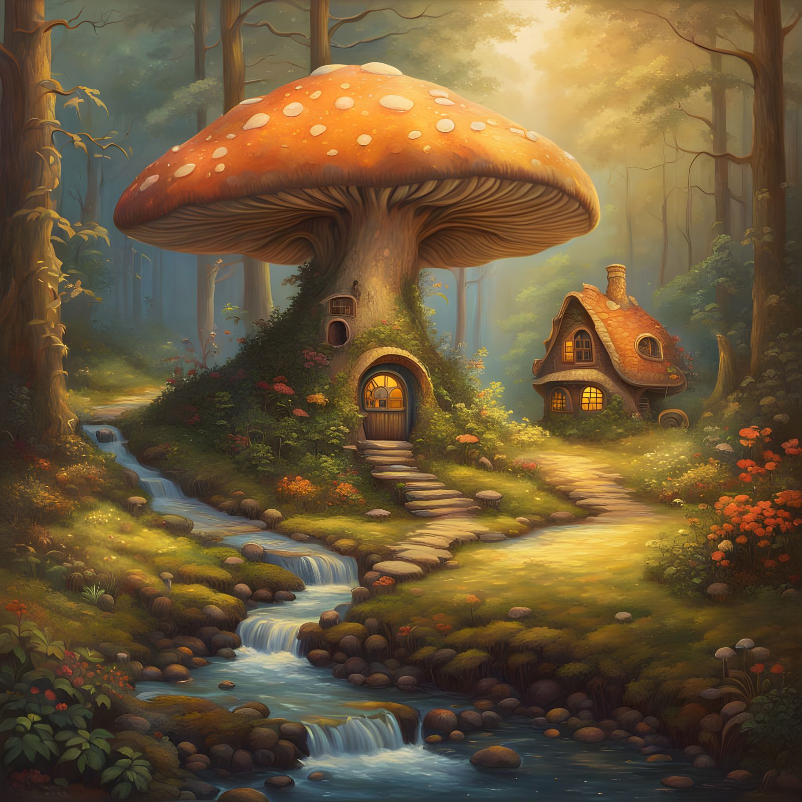 Mushroom House in Forest Landscape as Oil Painting