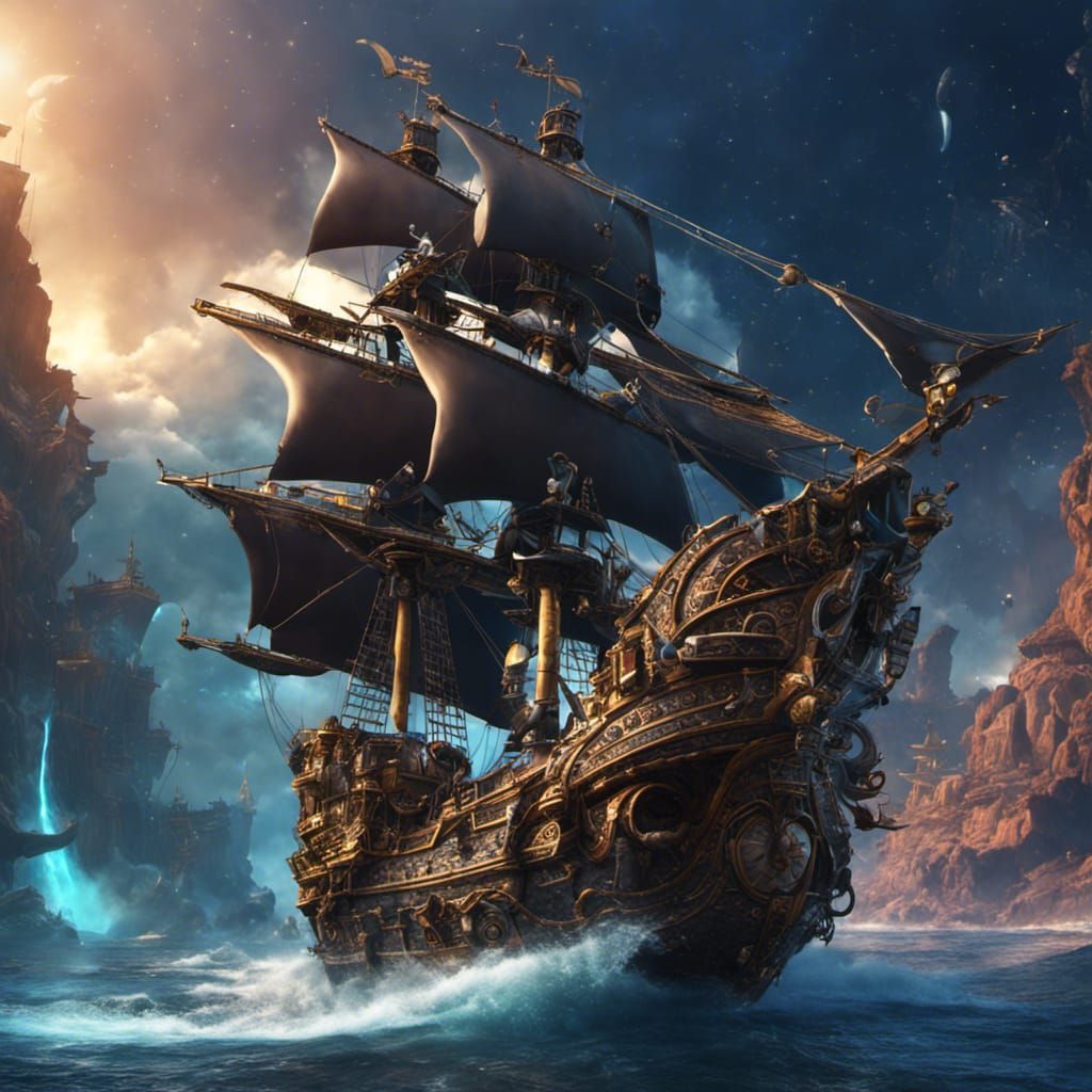 pirate in a winged ship, close-up shot, background galaxy, d...