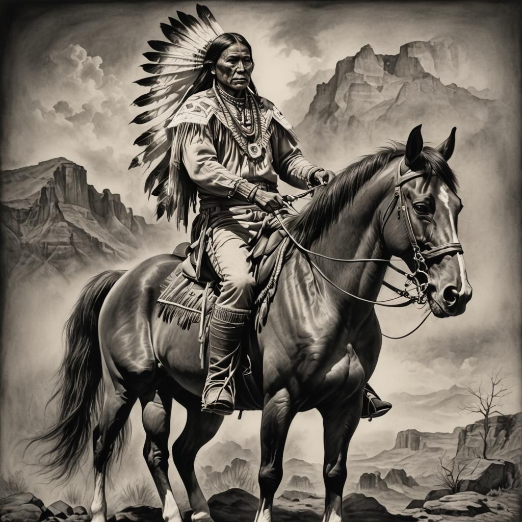 Cherokee Indian on Horse in Charcoal Style