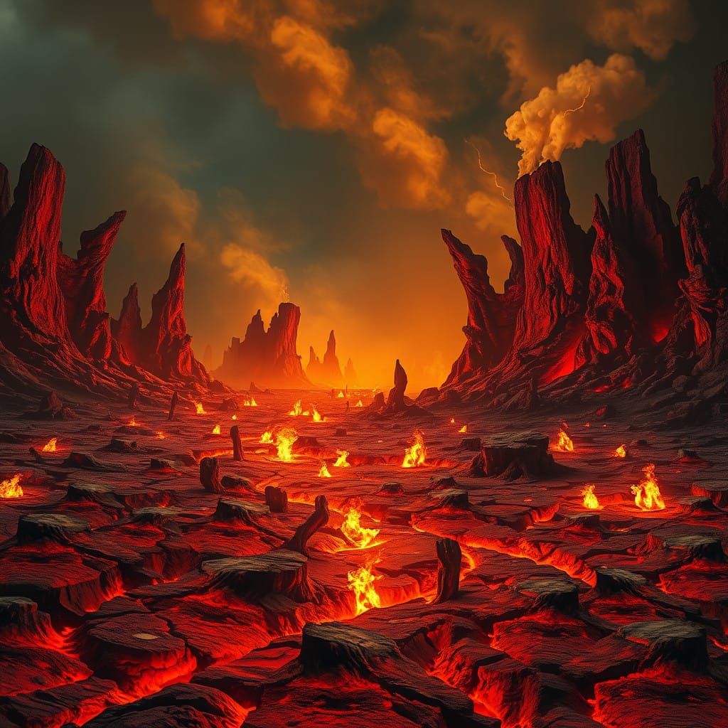 Desolate, Fiery Landscape in a Grim, Cyberpunk Aesthetic