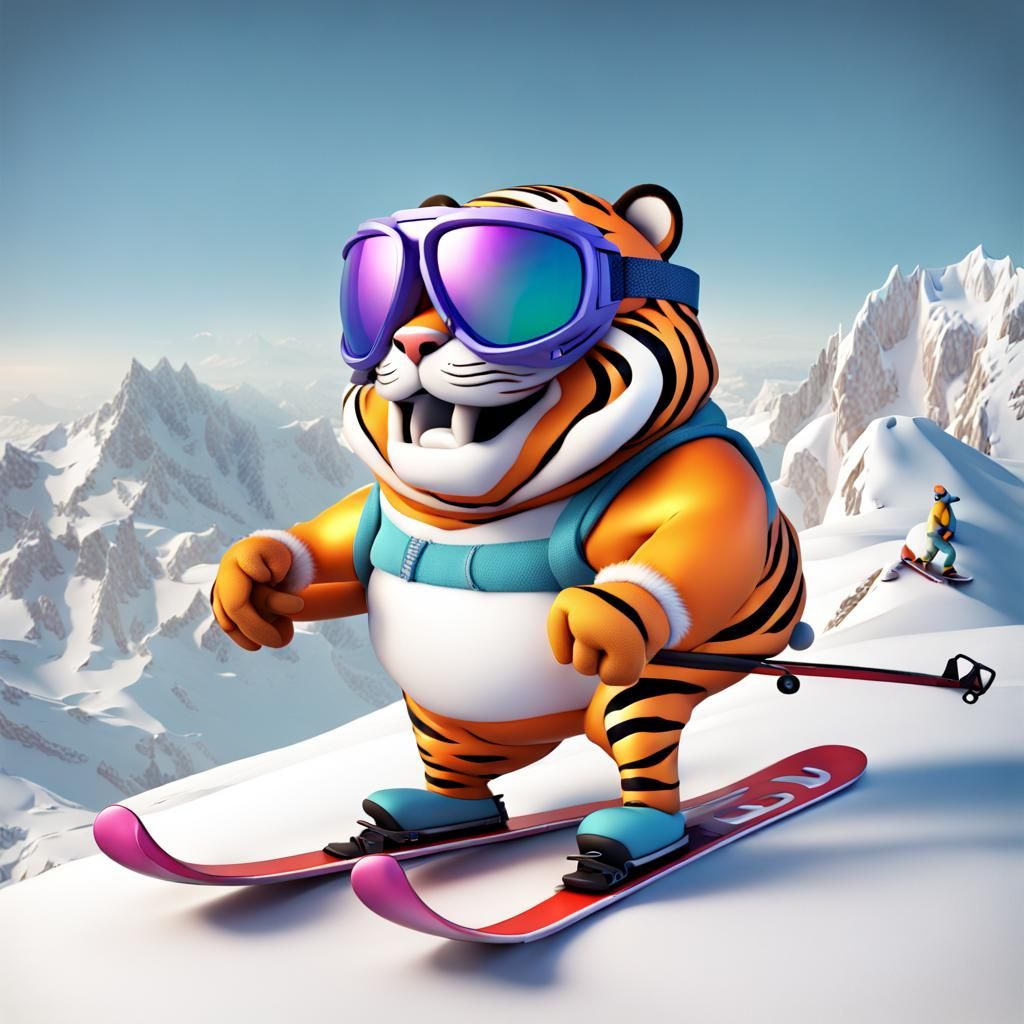 Cartoon Tiger Skiing at Mont Blanc in 3D