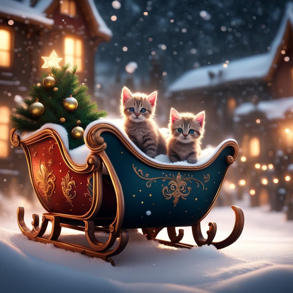 Kittens in Sleigh with Christmas Lights, Detailed Painting
