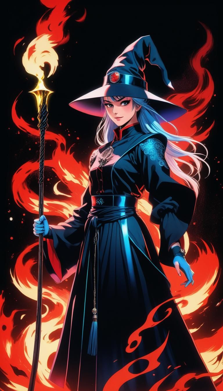 Anime Wizard with Holographic Flames in Manga Style