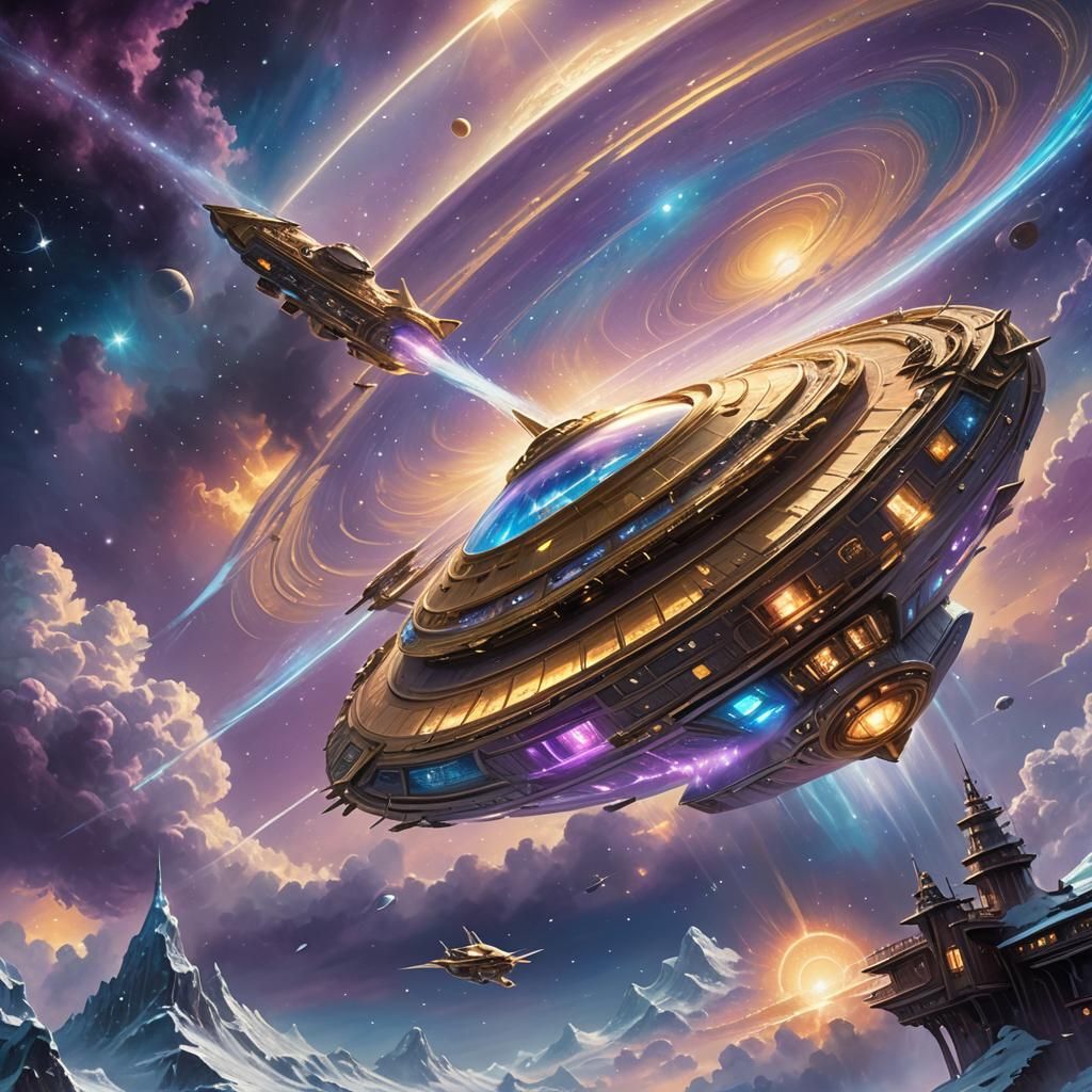 Spaceship Approaches Saturn in Ethereal Fantasy Style