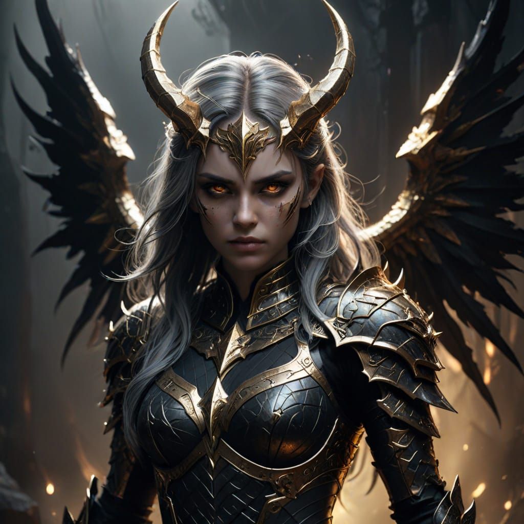 Dark Fantasy Female Demon with Golden Armor and Wings