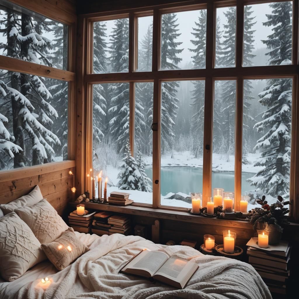 Cozy Winter Cabin Bedroom with Snowy Lake View