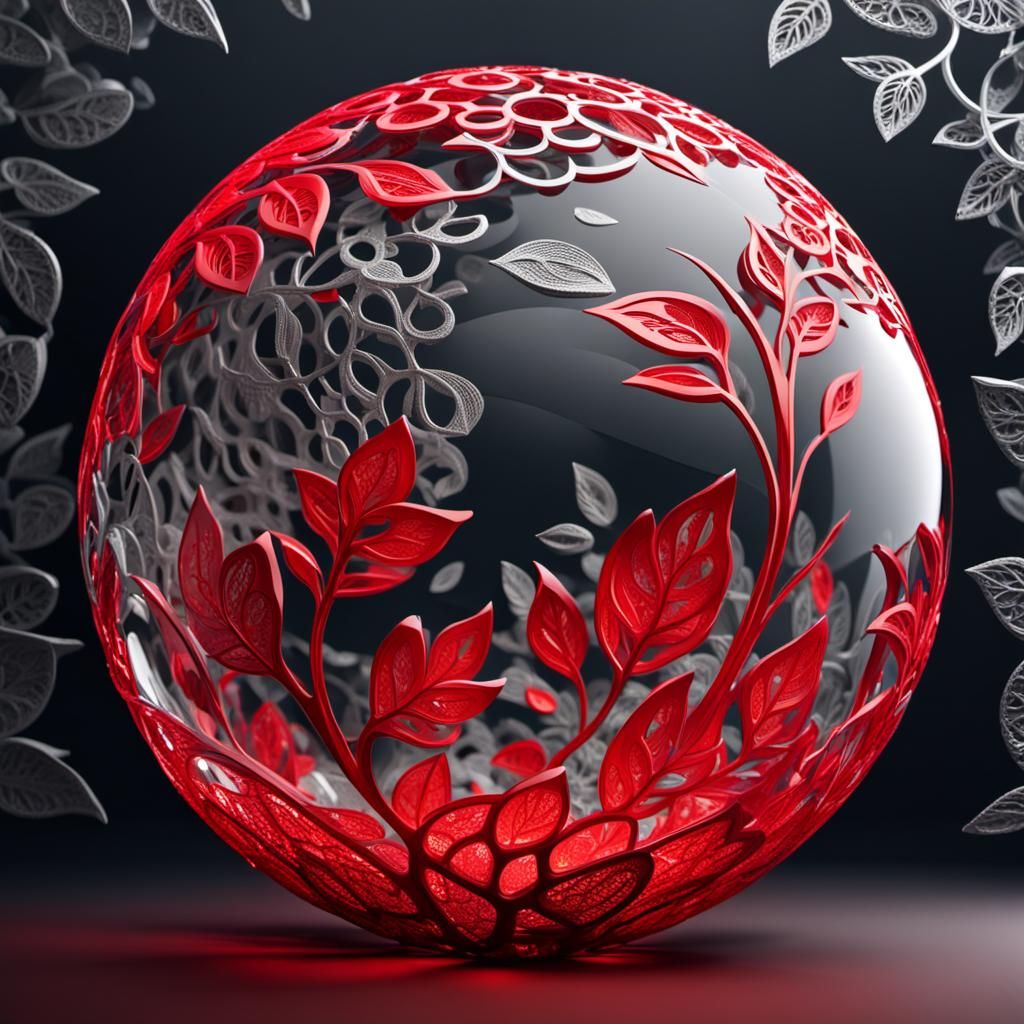 Abstract Red Lace Sphere in 3D Glass