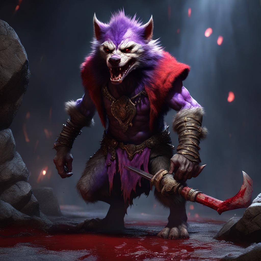 Furious Violet Gnoll in Dark Fantasy Style