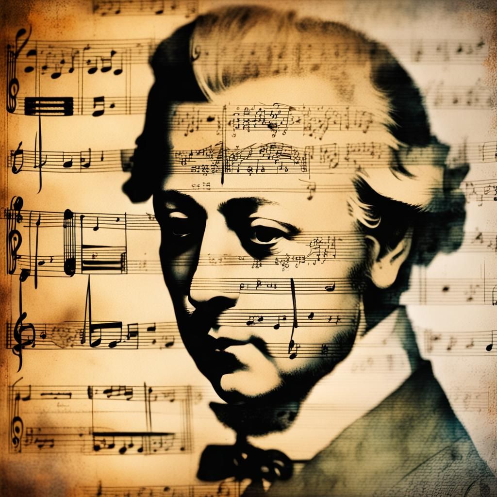 Mozart Portrait in Watercolor Double Exposure
