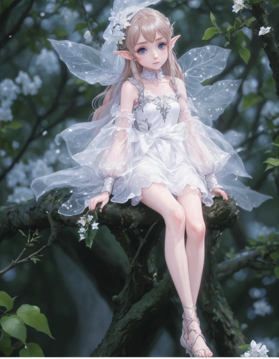 Elf in Tree Branch, Anime Style Illustration