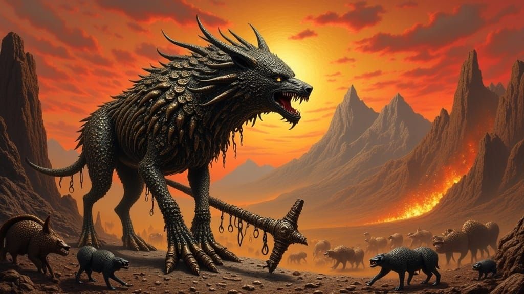 Yeenoghu, Lord of Gnolls, in Fiery Undead Landscape