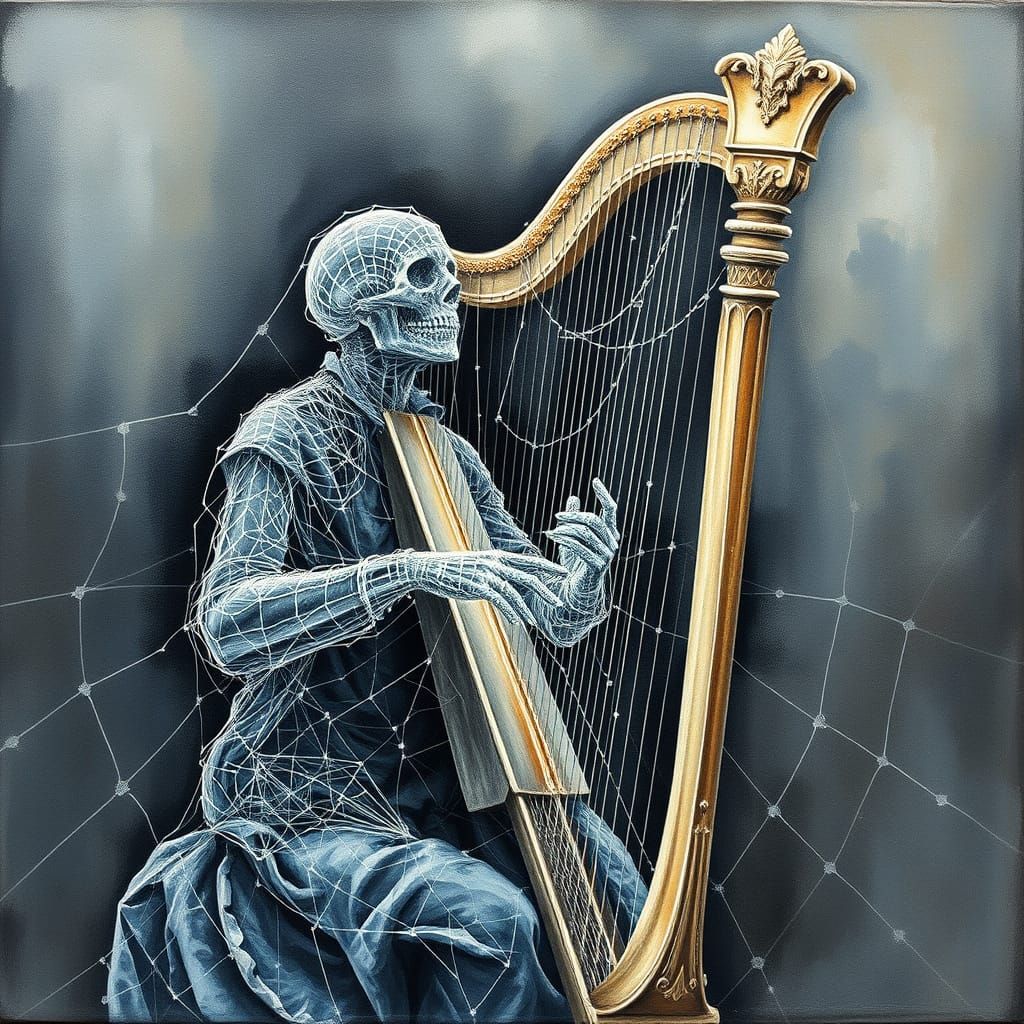 Spiderweb Harpist in Impressionist Gouache Style