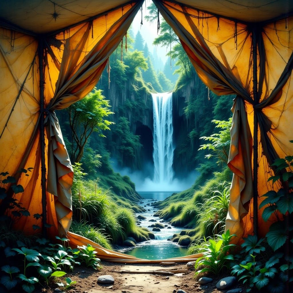 Lush Waterfall Paradise: Digital Art Illustration