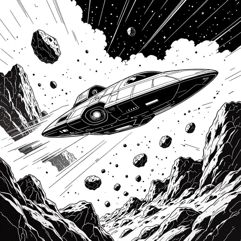 Alien Spacecraft Soaring Over Asteroid Field in Comic Art