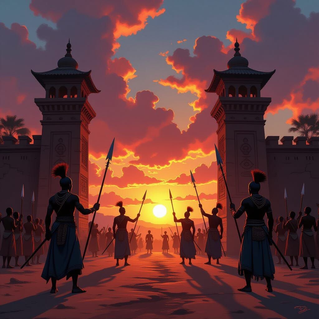 African Warriors Guard Gates of Nri at Dawn