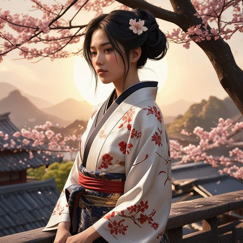 Japanese Goddess Adorned by Cherry Blossoms in a Serene Land...