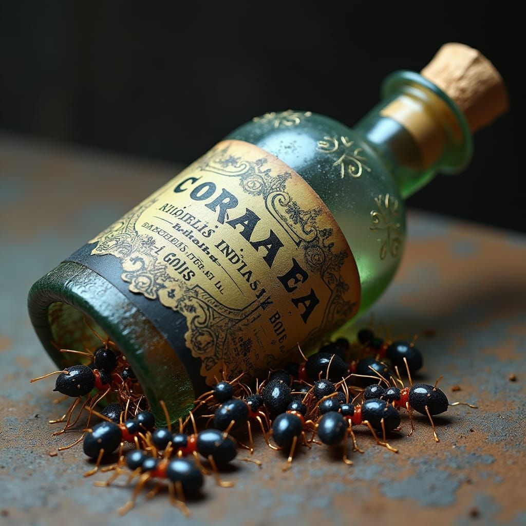 Ants Escape Antique Bottle in Surrealist Style