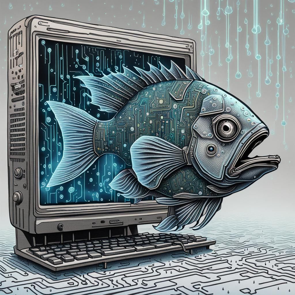 Magical Circuit Board Fish in Holographic Rain