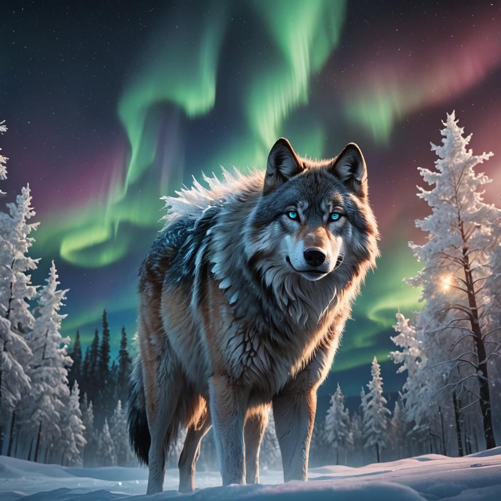 Wolf with Northern Lights realistic 2