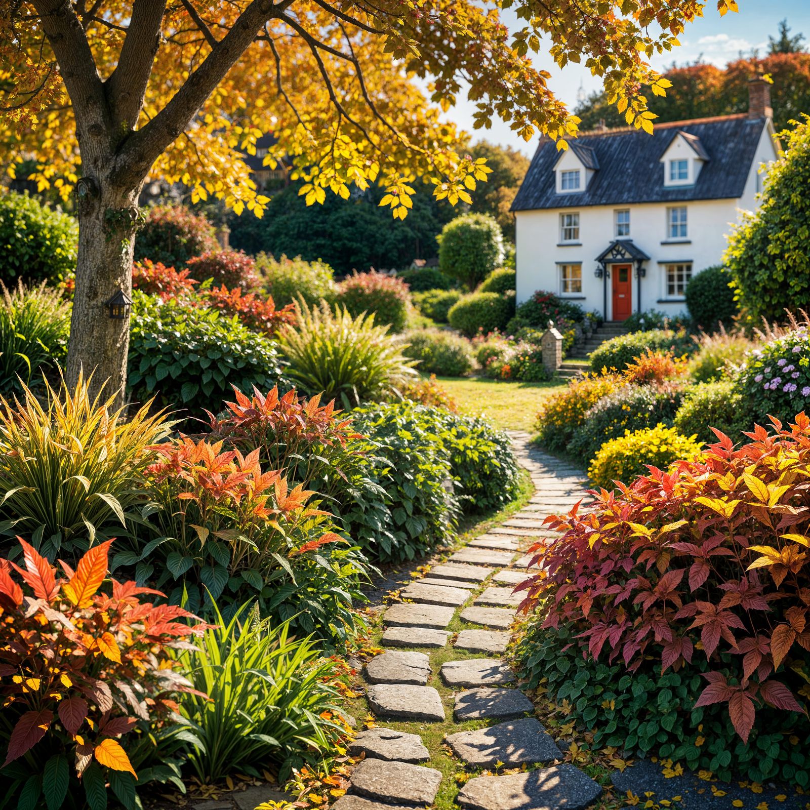 Vivid Autumn Garden with Lighthouse, Bokeh Effect