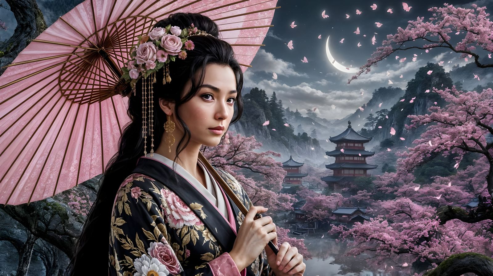 East Asian Woman in Kimono with Cherry Blossoms