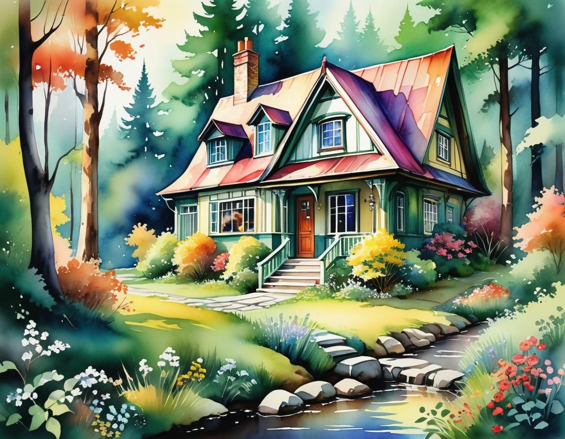 Romantic Watercolor Cottage in Forest, Art Deco Style