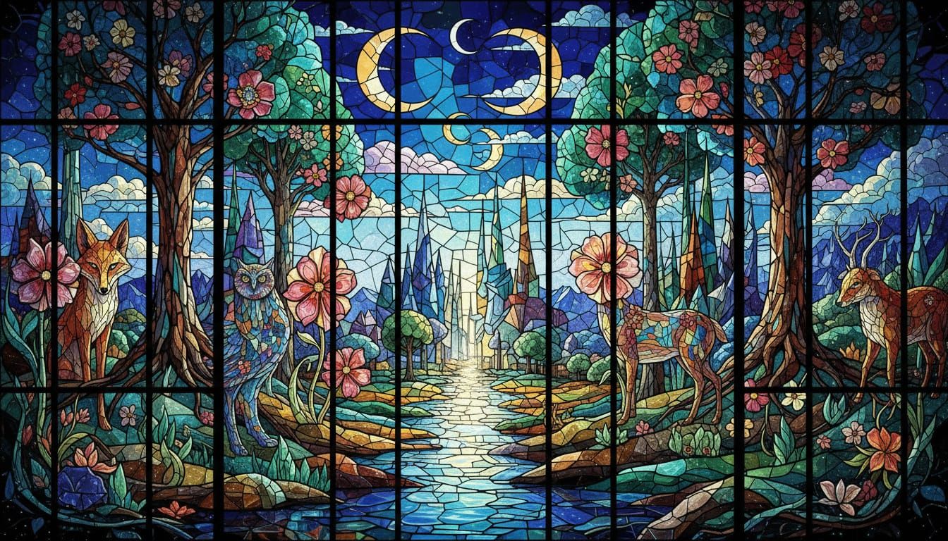 Surreal Stained Glass Landscape with Ethereal Beauty