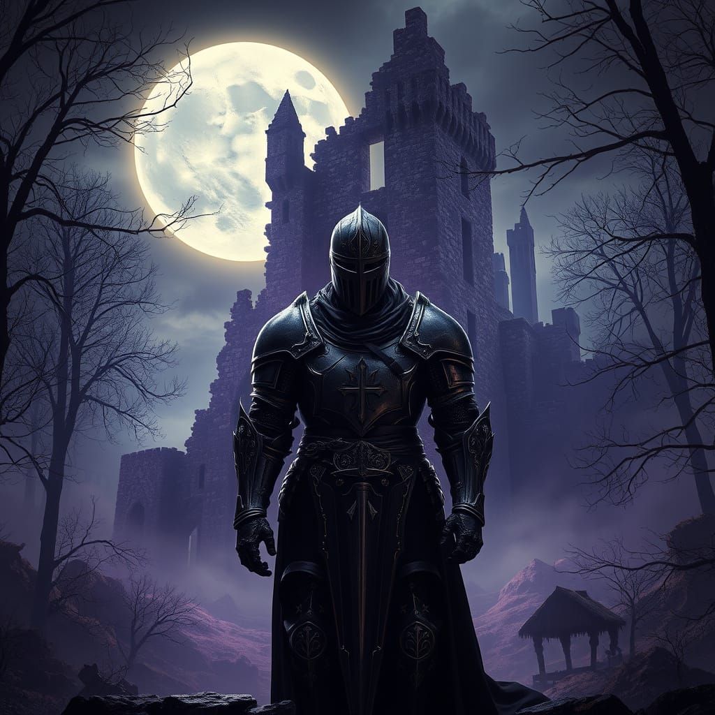 Dark Fantasy Knight Guards Ruined Castle Under Full Moon