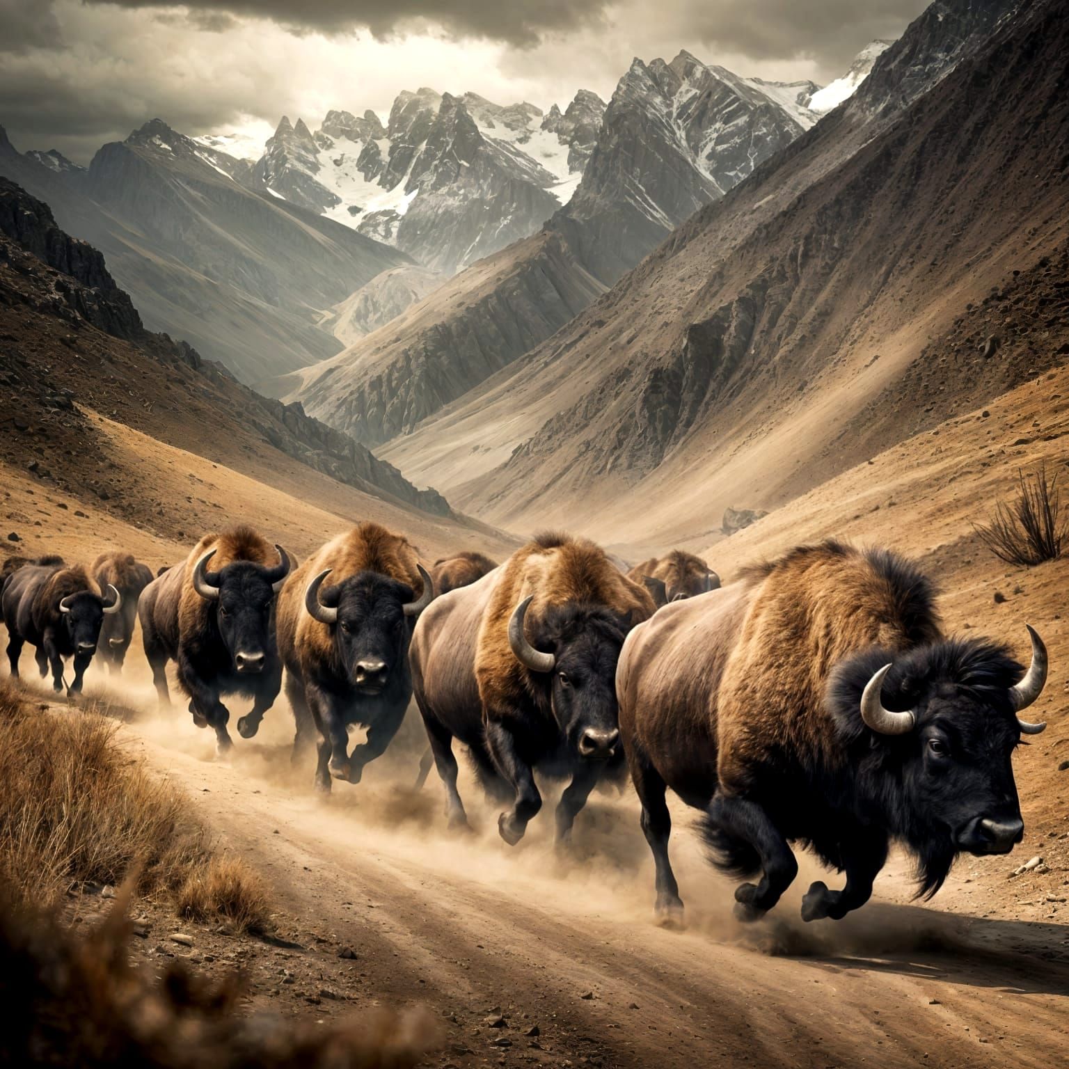 Buffalo Herd in Mountain Pass: Hyperrealistic HDR Image