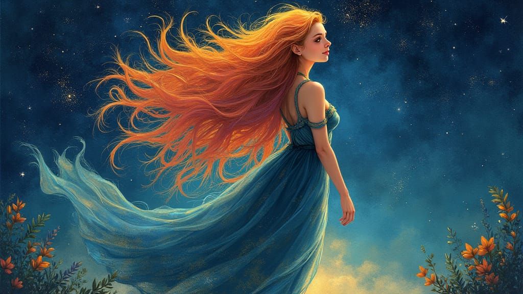 Woman With Feathered Hair Under Starry Sky