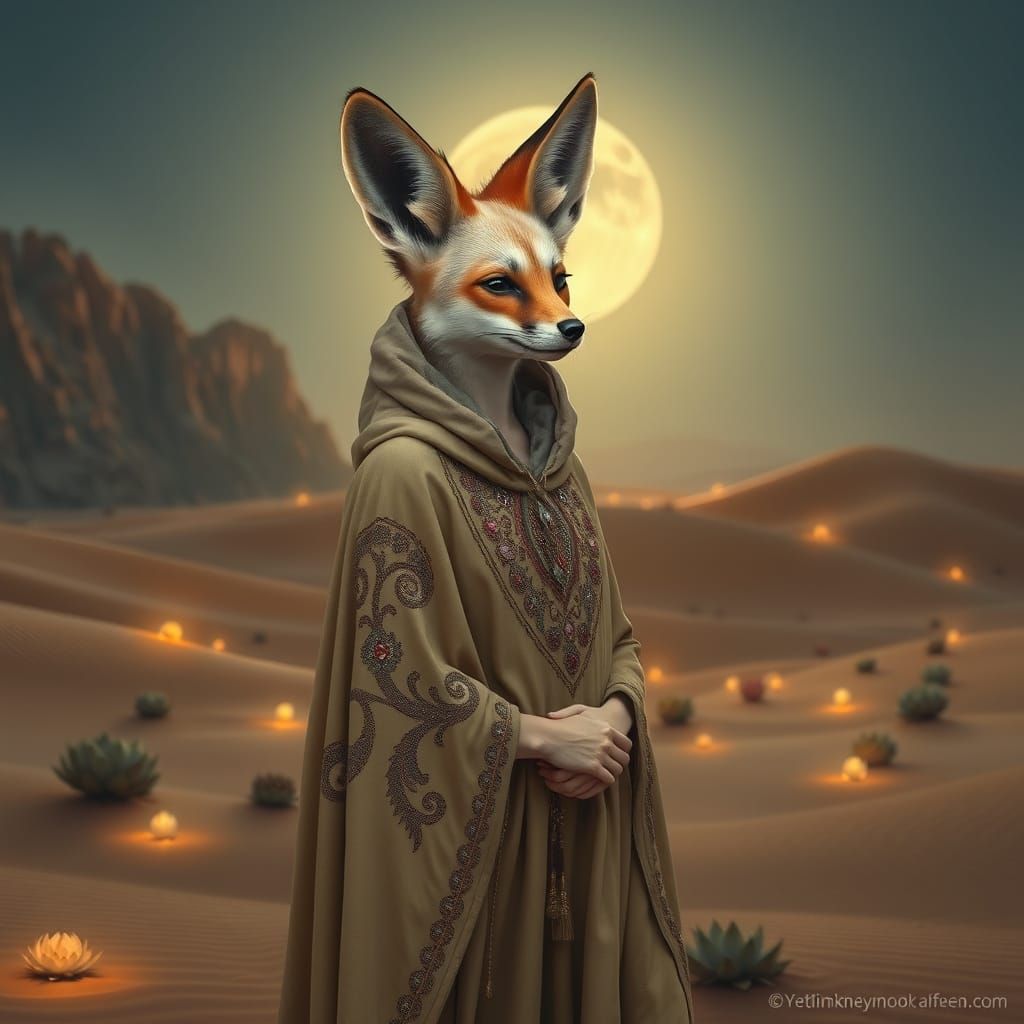 Woman with Fennec Fox Head in Mystical Desert Landscape
