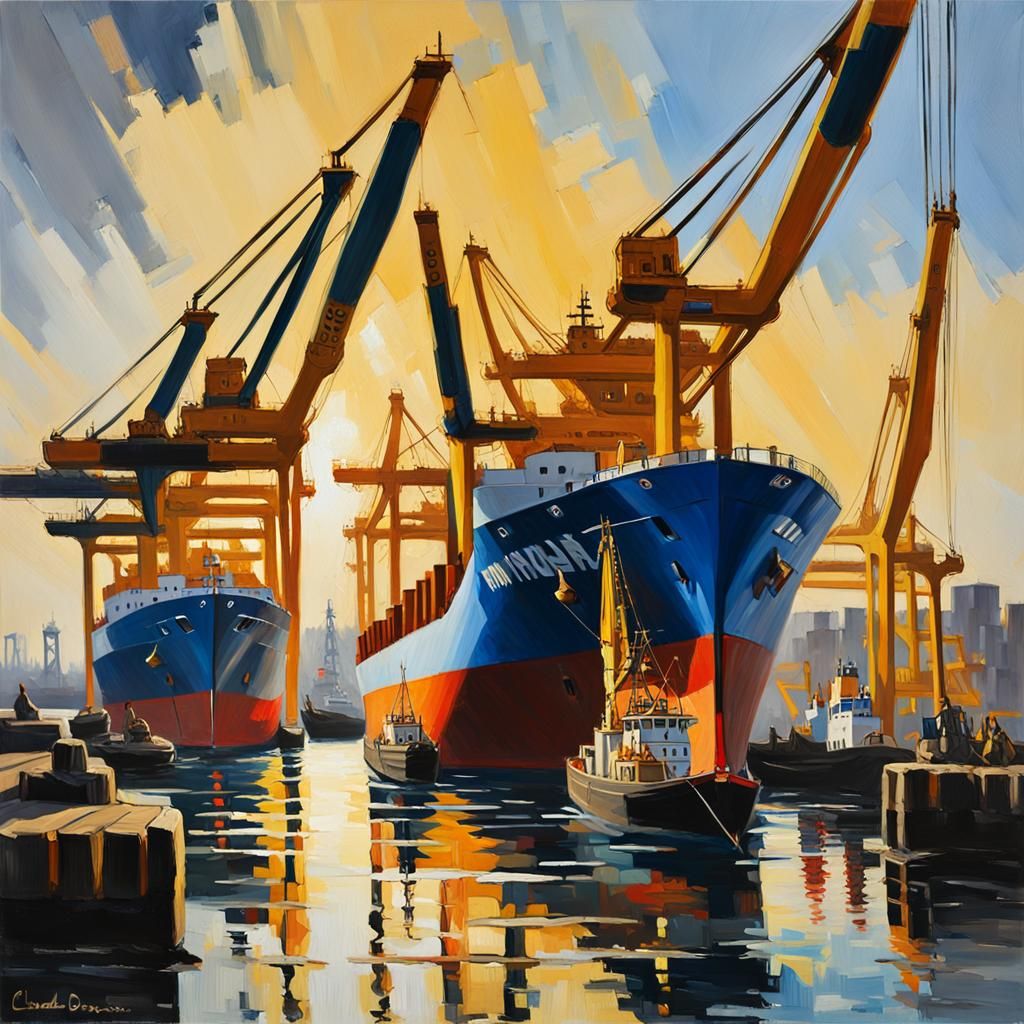 Shipping Port in Grayscale Palette as Impasto Painting