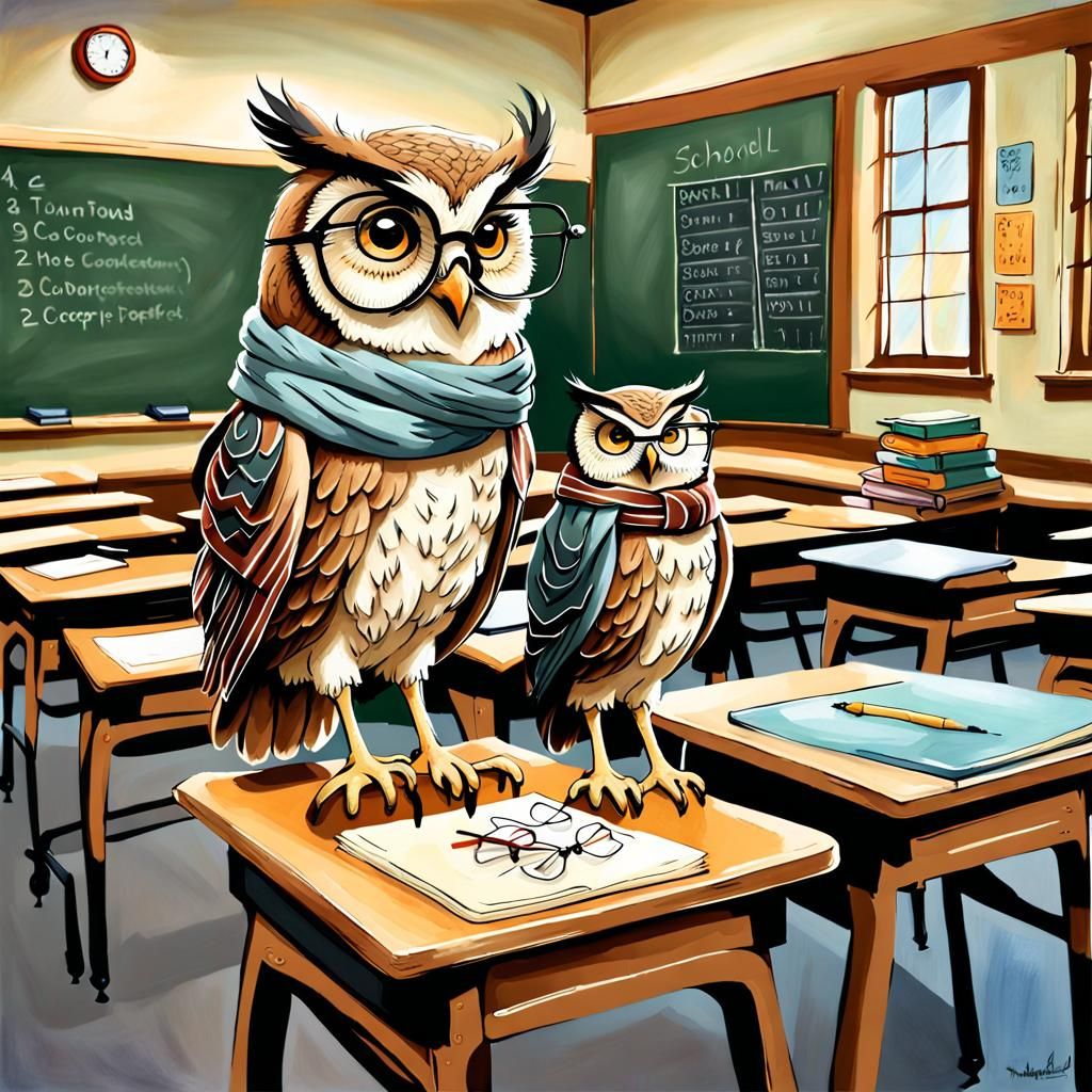 Pastel Owl Teacher in Cozy Classroom