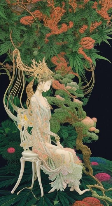 Woman in Cannabis Chair: Fairytale Digital Art